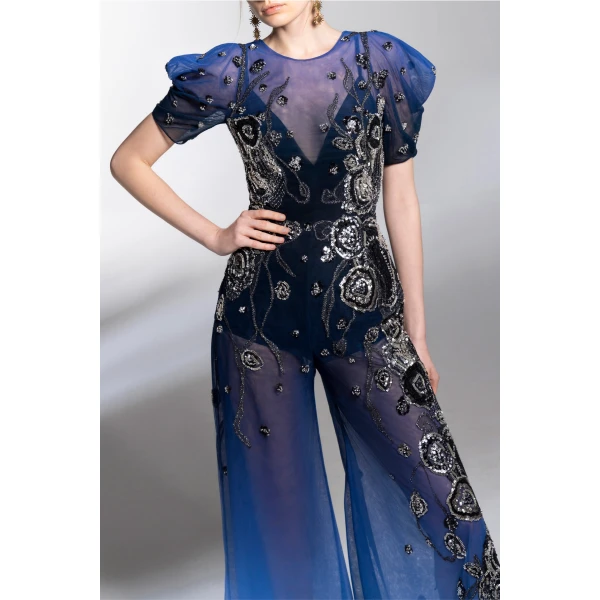 Gradient Printed Tulle Jumpsuit With Beading - Image 6