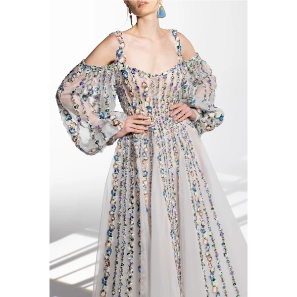 Off-Shoulder Beaded Dress With Shoulder Straps - Image 6