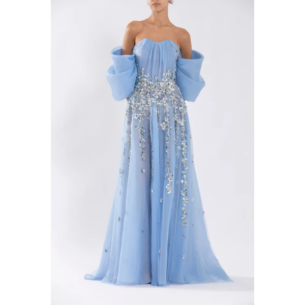 Organza Dress With Dotted Beading And Pleated Off-Shoulder Sleeves - Image 5