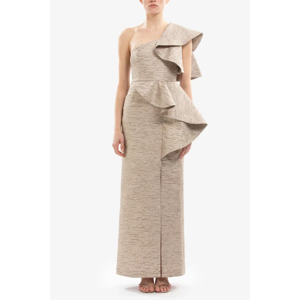 Ruffled Light Gold Brocade Dress - Image 5