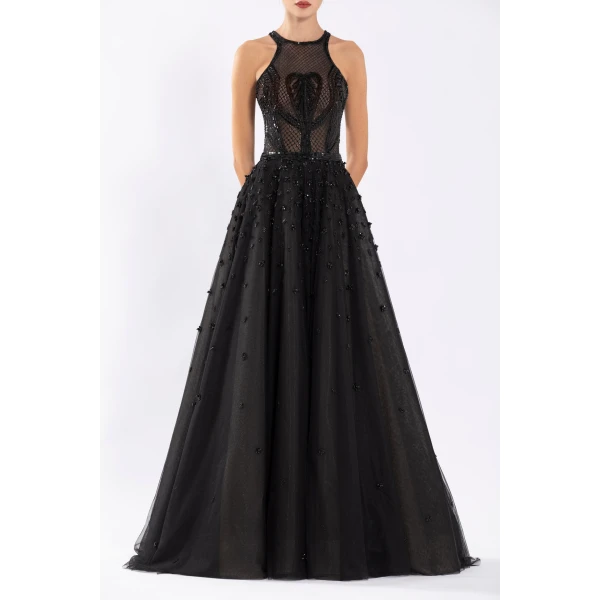 Tulle Beaded Dress With Halter Neckline - Image 5