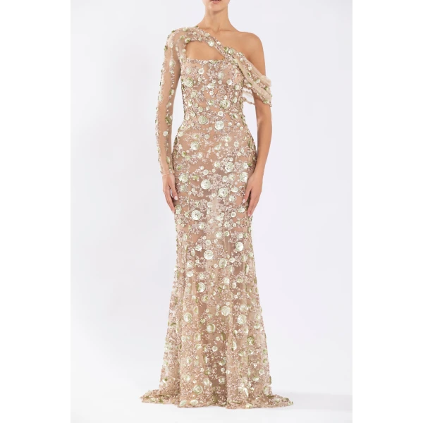 Tulle One-Shoulder Sleeve Dress With Dotted Beading - Image 5