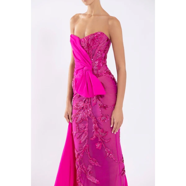 Tulle Strapless Beaded Dress With A Taffeta Draping And Tail - Image 6