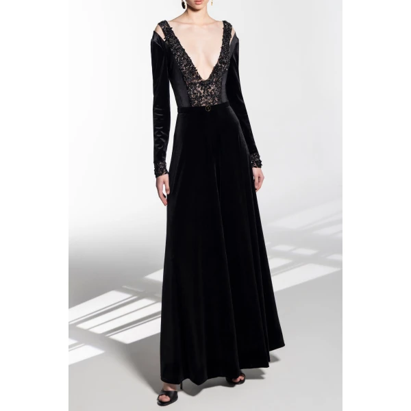 Velvet Flared Jumpsuit With A Beaded Top - Image 5