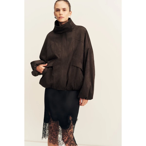 Shona Joy Ernest Funnel Neck Faux Suede Bomber Jacket - Cacao - Jackets - Australian Luxury Eventwear at Luxury Shoes 