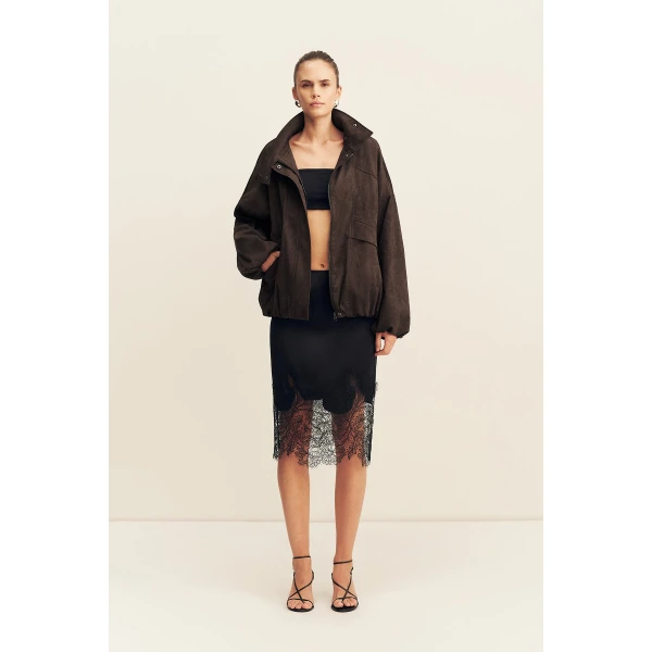 Shona Joy Ernest Funnel Neck Faux Suede Bomber Jacket - Cacao - Jackets - Australian Luxury Eventwear at Luxury Shoes 
