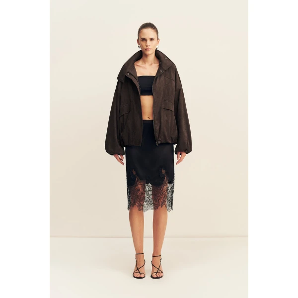 Shona Joy Ernest Funnel Neck Faux Suede Bomber Jacket - Cacao - Jackets - Australian Luxury Eventwear at Luxury Shoes 
