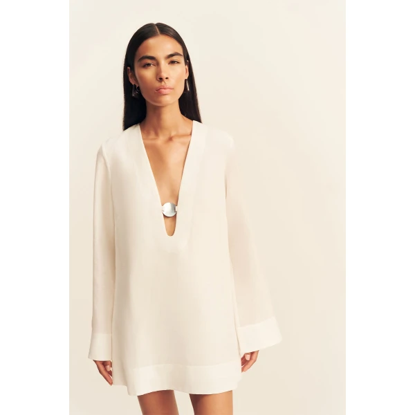 Shona Joy Paloma Plunged Long Sleeve Mini Dress - Ivory - Dresses - Australian Luxury Eventwear at Luxury Shoes 