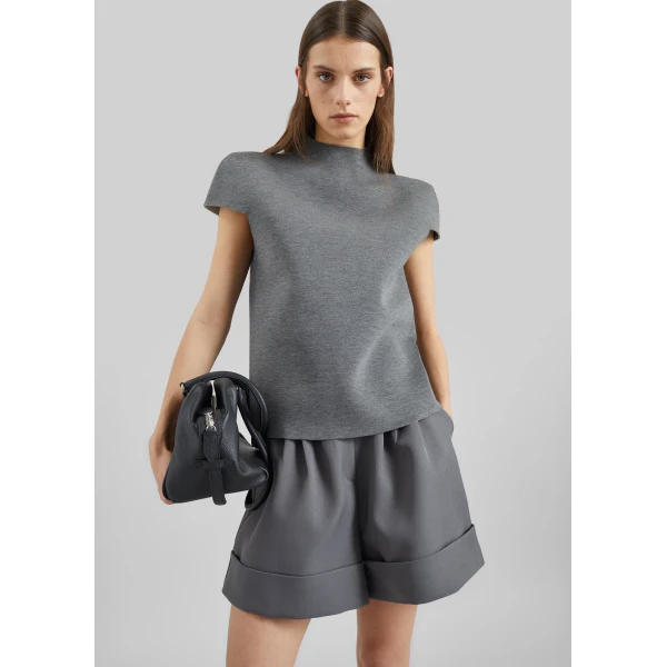 The Frankie Shop Anya Neoprene Sculpted Sleeve Top - Grey Melange - Oversized Minimalist Tops in Grey - Shop at Luxury Shoes 