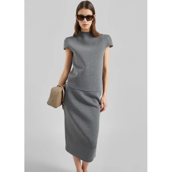 The Frankie Shop Anya Neoprene Sculpted Sleeve Top - Grey Melange - Oversized Minimalist Tops in Grey - Shop at Luxury Shoes 