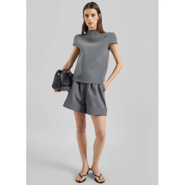 The Frankie Shop Anya Neoprene Sculpted Sleeve Top - Grey Melange - Oversized Minimalist Tops in Grey - Shop at Luxury Shoes 