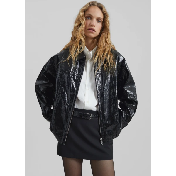 The Frankie Shop Arbor Crackled Faux Leather Jacket - Black - Oversized Minimalist Jackets in Black - Shop at Luxury Shoes 