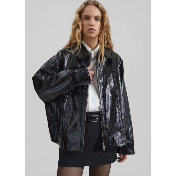 The Frankie Shop Arbor Crackled Faux Leather Jacket - Black - Oversized Minimalist Jackets in Black - Shop at Luxury Shoes 