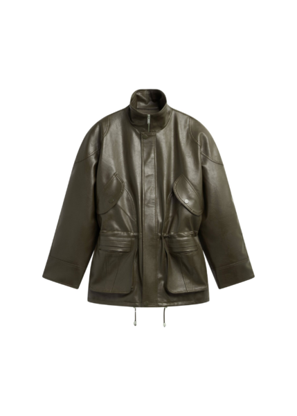 The Frankie Shop Ascona Faux Leather Jacket - Dark Olive - Oversized Minimalist Jackets in Green - Shop at Luxury Shoes 