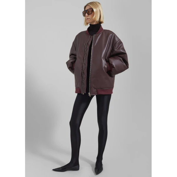 The Frankie Shop Astra Faux Leather Bomber Jacket - Burgundy - Oversized Minimalist Jackets in Red - Shop at Luxury Shoes 