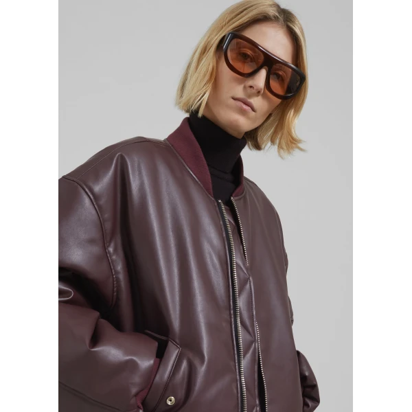 The Frankie Shop Astra Faux Leather Bomber Jacket - Burgundy - Oversized Minimalist Jackets in Red - Shop at Luxury Shoes 