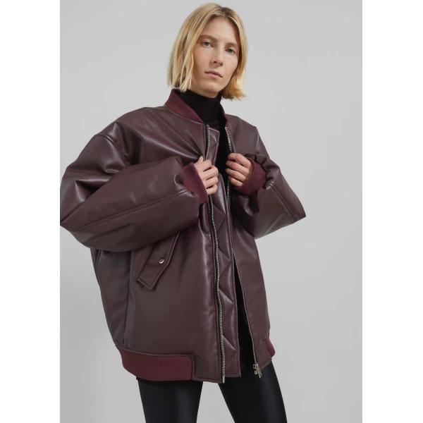 The Frankie Shop Astra Faux Leather Bomber Jacket - Burgundy - Oversized Minimalist Jackets in Red - Shop at Luxury Shoes 