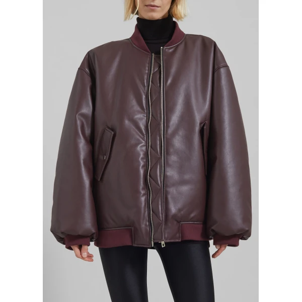 The Frankie Shop Astra Faux Leather Bomber Jacket - Burgundy - Oversized Minimalist Jackets in Red - Shop at Luxury Shoes 