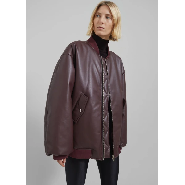 The Frankie Shop Astra Faux Leather Bomber Jacket - Burgundy - Oversized Minimalist Jackets in Red - Shop at Luxury Shoes 