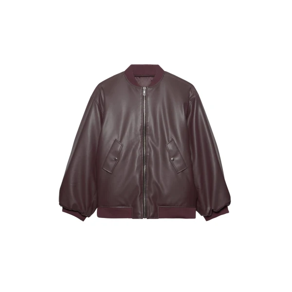 The Frankie Shop Astra Faux Leather Bomber Jacket - Burgundy - Oversized Minimalist Jackets in Red - Shop at Luxury Shoes 