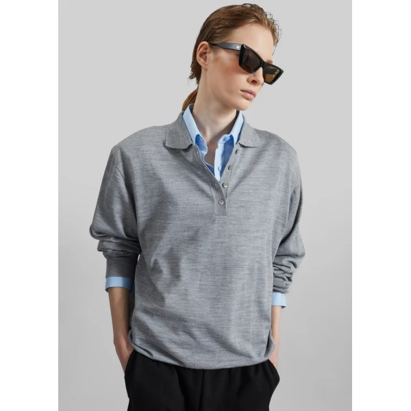 The Frankie Shop Avallon Padded Knit Polo - Grey - Oversized Minimalist Tops in Grey - Shop at Luxury Shoes 