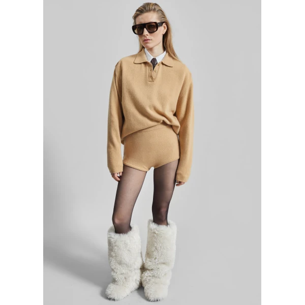 The Frankie Shop Bresica Knit Hot Pants - Camel - Oversized Minimalist Shorts in Beige - Shop at Luxury Shoes 