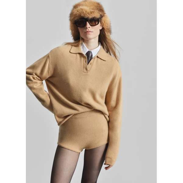 The Frankie Shop Bresica Knit Hot Pants - Camel - Oversized Minimalist Shorts in Beige - Shop at Luxury Shoes 