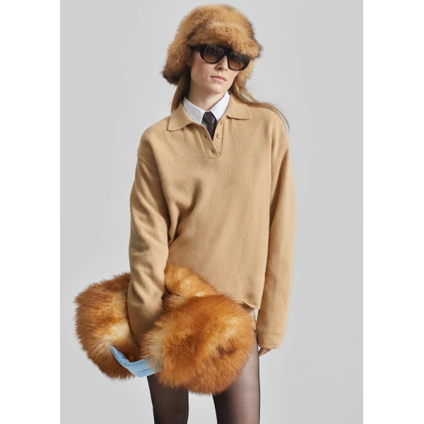 The Frankie Shop Bresica Knit Polo Sweater - Camel - Oversized Minimalist Knitwear in Beige - Shop at Luxury Shoes 