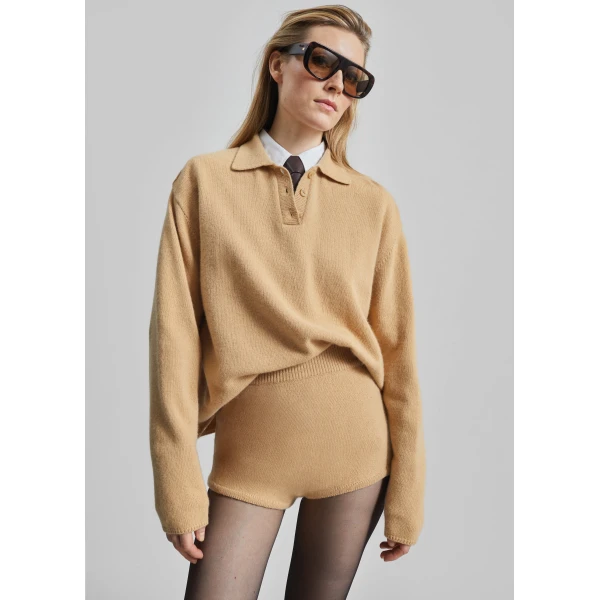 The Frankie Shop Bresica Knit Polo Sweater - Camel - Oversized Minimalist Knitwear in Beige - Shop at Luxury Shoes 