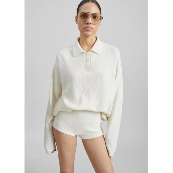 The Frankie Shop Bresica Knit Polo Sweater - Ivory - Oversized Minimalist Knitwear in Ivory - Shop at Luxury Shoes 