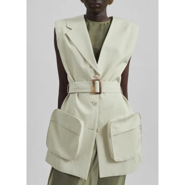 The Frankie Shop Carral Belted Vest - Pale Green - Oversized Minimalist Jackets in Green - Shop at Luxury Shoes 
