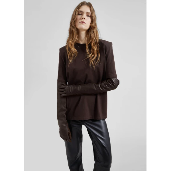 The Frankie Shop Carrington Padded Shoulder Tee - Brown - Oversized Minimalist Tops in Beige - Shop at Luxury Shoes 