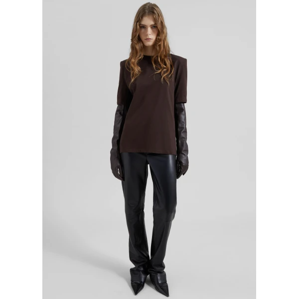 The Frankie Shop Carrington Padded Shoulder Tee - Brown - Oversized Minimalist Tops in Beige - Shop at Luxury Shoes 