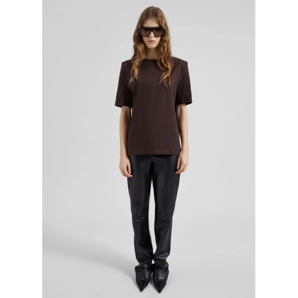 The Frankie Shop Carrington Padded Shoulder Tee - Brown - Oversized Minimalist Tops in Beige - Shop at Luxury Shoes 