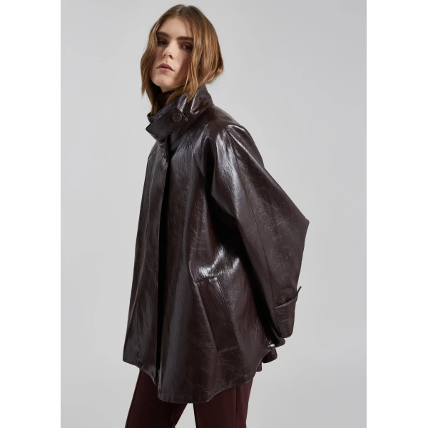 The Frankie Shop Dalaro Faux Leather Swing Jacket - Burgundy - Oversized Minimalist Jackets in Red - Shop at Luxury Shoes 