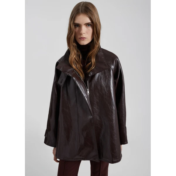 The Frankie Shop Dalaro Faux Leather Swing Jacket - Burgundy - Oversized Minimalist Jackets in Red - Shop at Luxury Shoes 