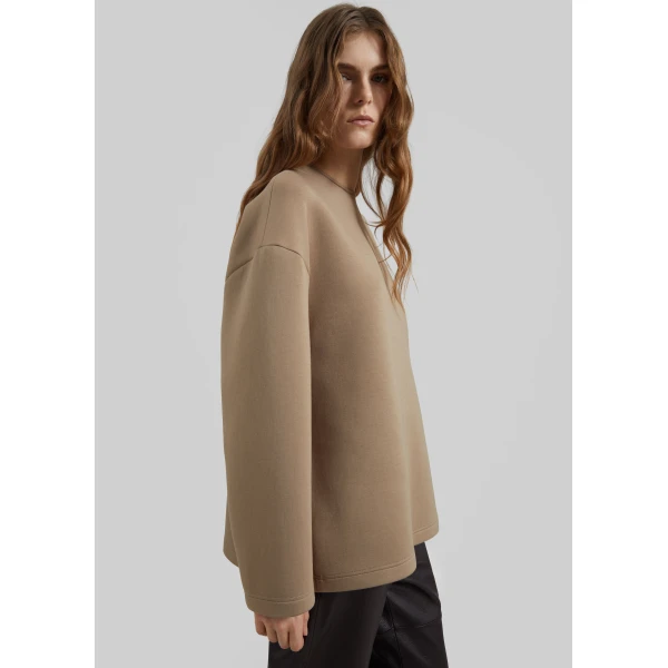 The Frankie Shop Delancey Long Sleeve Neoprene Top - Camel - Oversized Minimalist Tops in Beige - Shop at Luxury Shoes 