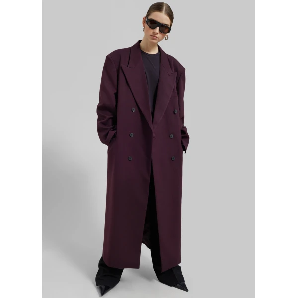 The Frankie Shop Delphina Long Coat - Burgundy - Oversized Minimalist Coats in Red - Shop at Luxury Shoes 