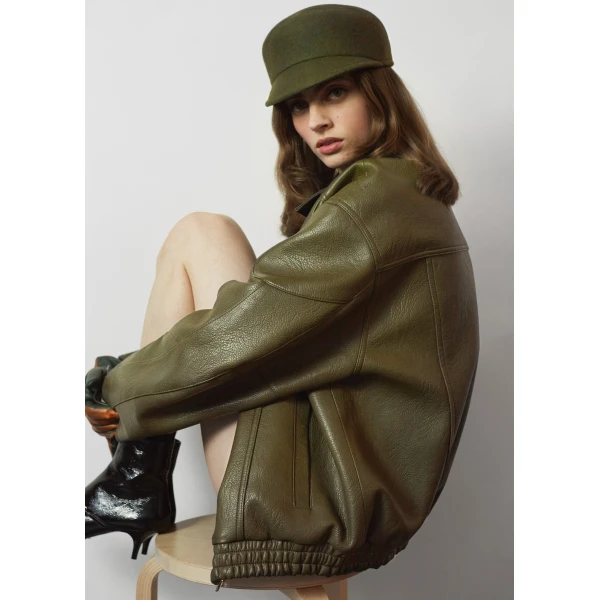 The Frankie Shop Enora Faux Leather Jacket - Olive - Oversized Minimalist Jackets in Green - Shop at Luxury Shoes 