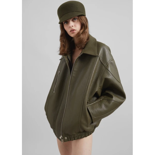 The Frankie Shop Enora Faux Leather Jacket - Olive - Oversized Minimalist Jackets in Green - Shop at Luxury Shoes 