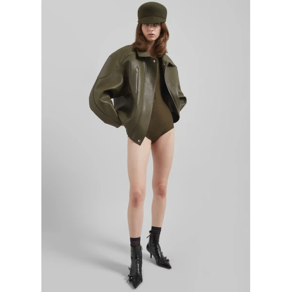The Frankie Shop Enora Faux Leather Jacket - Olive - Oversized Minimalist Jackets in Green - Shop at Luxury Shoes 