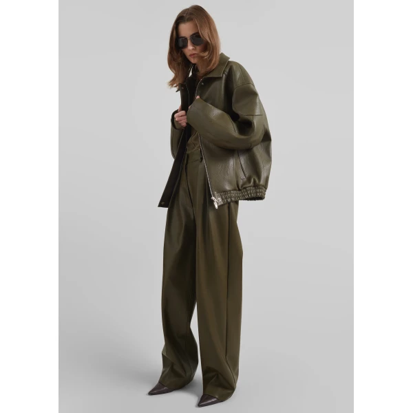 The Frankie Shop Enora Faux Leather Jacket - Olive - Oversized Minimalist Jackets in Green - Shop at Luxury Shoes 