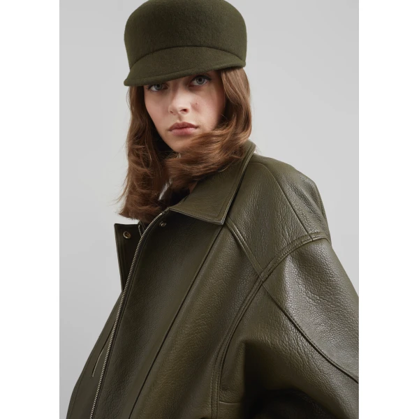The Frankie Shop Enora Faux Leather Jacket - Olive - Oversized Minimalist Jackets in Green - Shop at Luxury Shoes 