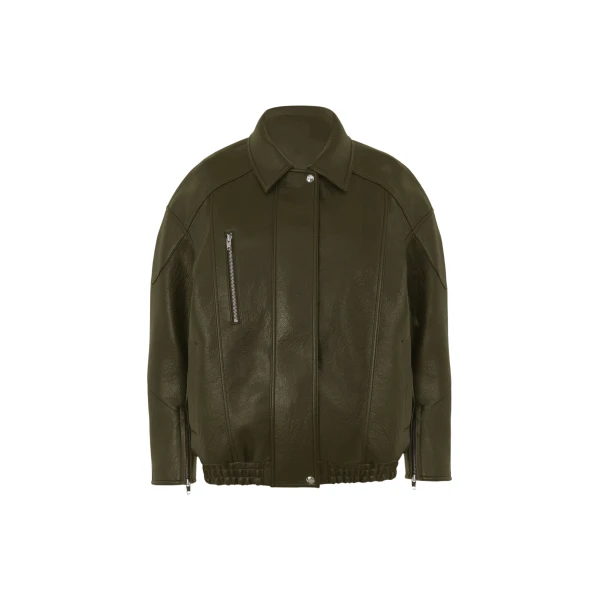 The Frankie Shop Enora Faux Leather Jacket - Olive - Oversized Minimalist Jackets in Green - Shop at Luxury Shoes 