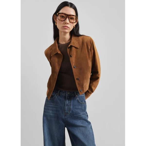 The Frankie Shop Hartford Suede Short Jacket - Dark Camel - Oversized Minimalist Jackets in Beige - Shop at Luxury Shoes 