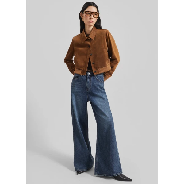 The Frankie Shop Hartford Suede Short Jacket - Dark Camel - Oversized Minimalist Jackets in Beige - Shop at Luxury Shoes 