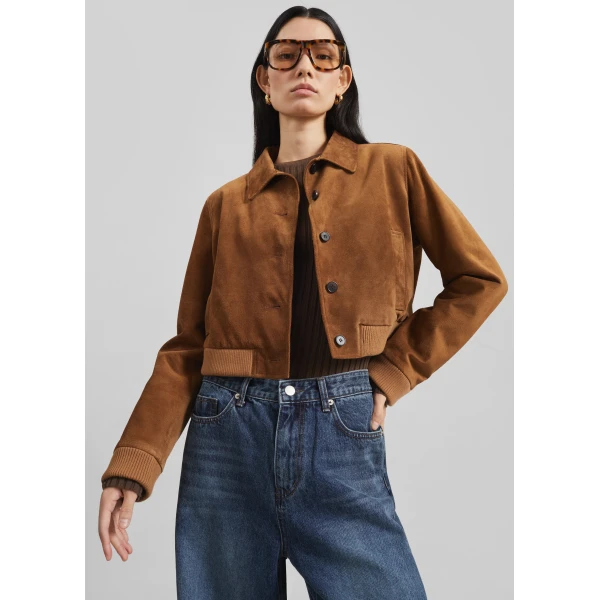 The Frankie Shop Hartford Suede Short Jacket - Dark Camel - Oversized Minimalist Jackets in Beige - Shop at Luxury Shoes 