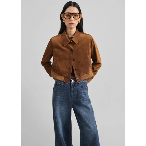 The Frankie Shop Hartford Suede Short Jacket - Dark Camel - Oversized Minimalist Jackets in Beige - Shop at Luxury Shoes 