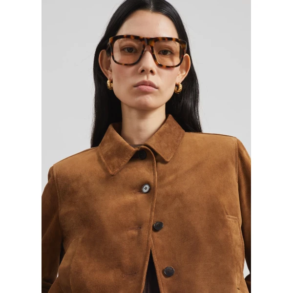 The Frankie Shop Hartford Suede Short Jacket - Dark Camel - Oversized Minimalist Jackets in Beige - Shop at Luxury Shoes 