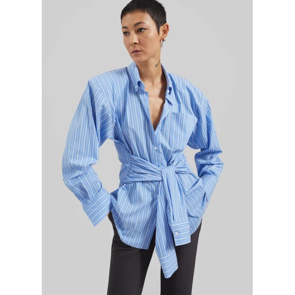 The Frankie Shop Heaton Double-Sleeve Padded Shirt - Blue/White Stripe - Oversized Minimalist Tops in Multicolour - Shop at Luxury Shoes 